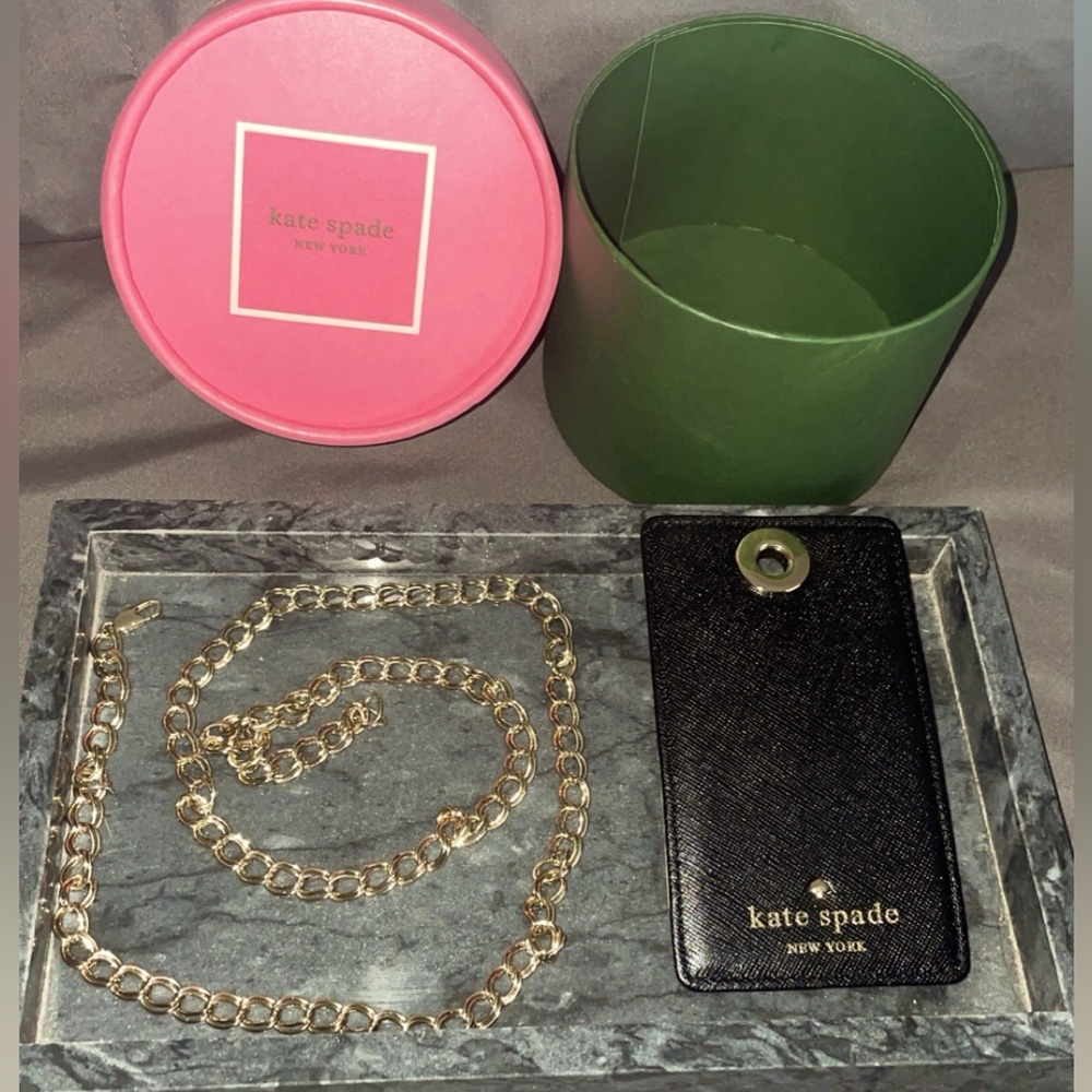 3pc Kate Spate bundle, NWOT, ID/cardholder (black/white), box, and chain